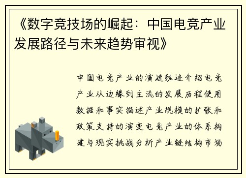 《数字竞技场的崛起：中国电竞产业发展路径与未来趋势审视》