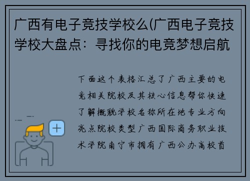 广西有电子竞技学校么(广西电子竞技学校大盘点：寻找你的电竞梦想启航地)